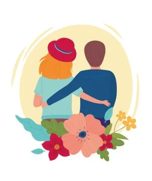 Hello spring couple hugging cartoon back view flowers Stock Illustration