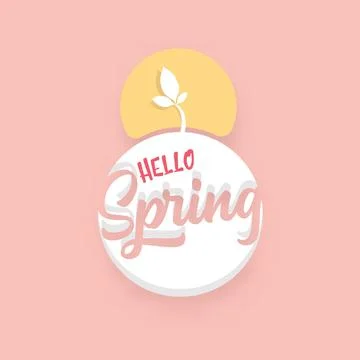 Hello spring cut paper style label with ribbon isolated on soft muted pastel 스톡 일러스트
