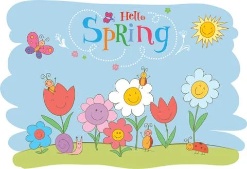 Hello Spring cute greeting card Stock Illustration