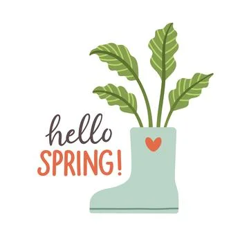 Hello spring. Cute rain boots with flowers plants. Hand drawn spring print, card Stock Illustration