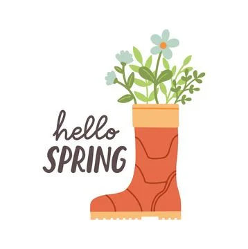 Hello spring. Cute rain boots with flowers plants. Hand drawn spring print, card Illustrazione stock