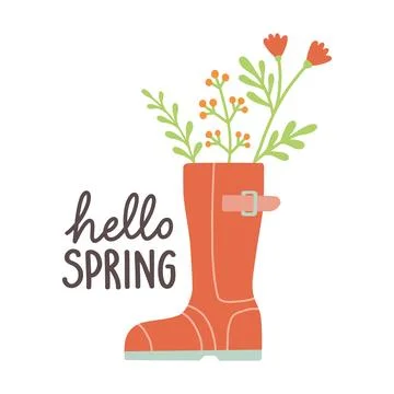 Hello spring. Cute rain boots with flowers plants. Hand drawn spring print, card Stock Illustration