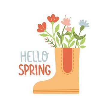 Hello spring. Cute rain boots with flowers plants. Hand drawn spring print, card Stock Illustration
