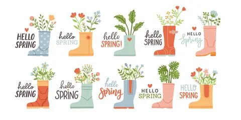 Hello spring. Cute rain boots set with flowers plants. Hand drawn spring print Stock Illustration