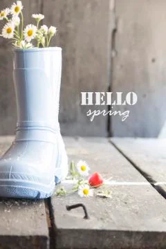 Hello spring, daisy and boots on a vintage table Stock Photos