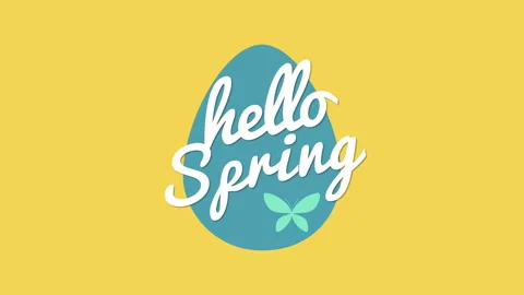 Hello Spring delightful logo with blue and white egg on yellow background Video stock 258729536