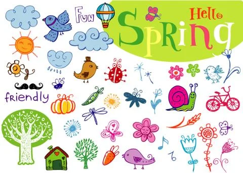 Hello Spring doodle hand-drawn set Stock Illustration