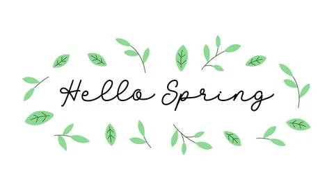 Hello Spring elegant hand lettering with minimal green leaves wreath Stockillustratie