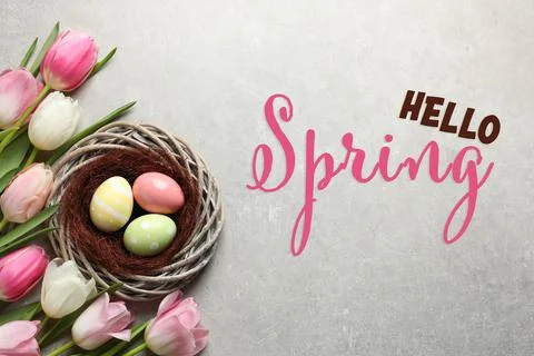 Hello Spring. Flat lay composition with painted Easter eggs in wicker nest an Stock Photos