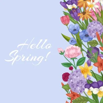 Hello spring floral background with flower bouquet cartoon vector illustration Stock Illustration