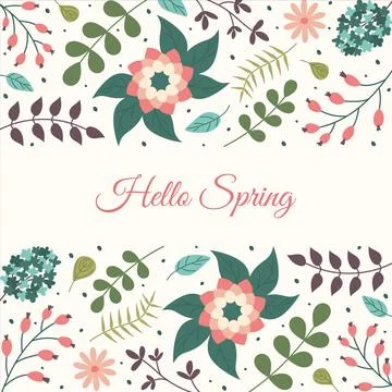 Hello Spring floral background. Springtime greeting card with Hand drawn Fl.. Stock Illustration