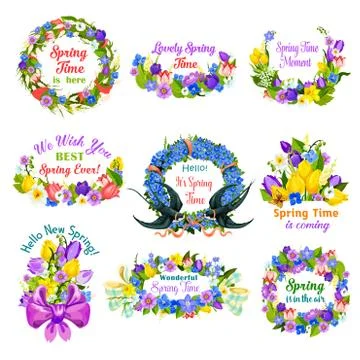 Hello spring floral frame and border icon set Illustrazione stock