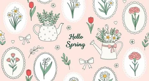Hello Spring Floral Pattern: Daffodils, Tulips, Carnations in Vintage Teapo.. Ilustração Stock