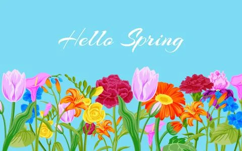 Hello spring floral pink background with flowers for romantic love card or Stock Illustration