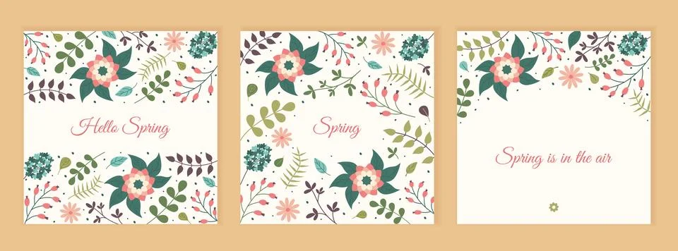 Hello Spring Floral square posters. Social media Springtime post templates... Stock Illustration