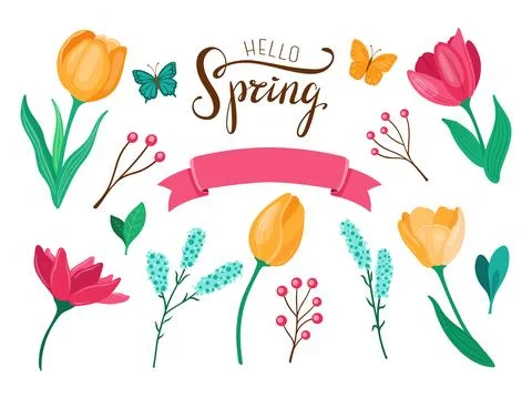 Hello Spring. Floral vibrant set. Vector illustration. イラスト素材