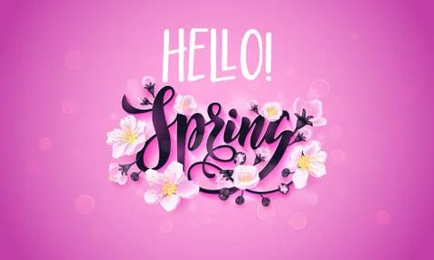 Hello spring flower cherry blossom vector poster Stock Illustration