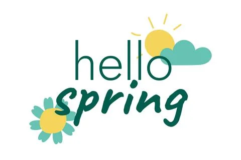 Hello Spring, flower, sun. Cloud. Banner with greeting Text. Doodle symbols Stock Illustration