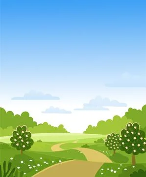 Hello Spring. Flowering trees on the farm. Green hills and meadows, blue sky Illustrazione stock