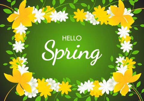 Hello Spring on flowers frame background Stock Illustration