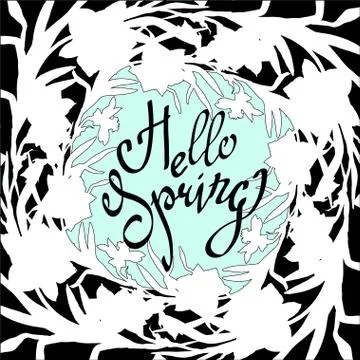 Hello Spring. Flowers monochrome dynamic wreath with lattering. Stock Illustration