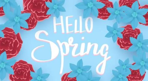 Hello spring with flowers over blue background Ilustração Stock