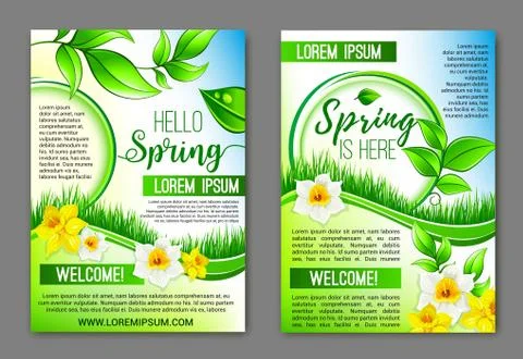 Hello Spring flowers vector floral posters set Stock Illustration