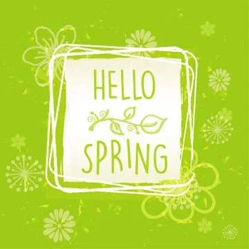 Hello spring in frame with flowers over green old paper background Ilustração Stock