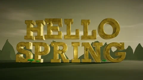 Hello Spring Gold 3D Letters with Shamrocks on Misty Emerald Irish Hills at Dawn Stock Footage 343192705