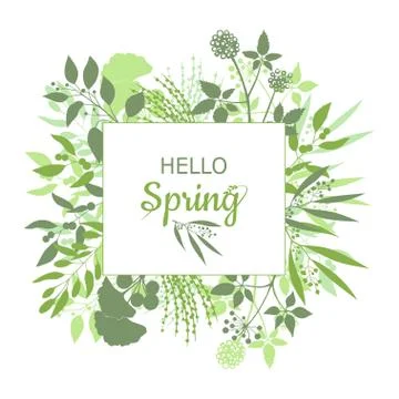 Hello Spring green card design with text in square floral frame Stock Illustration