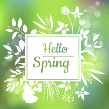 Hello Spring green card design with a textured abstract background and text in Stock Illustration