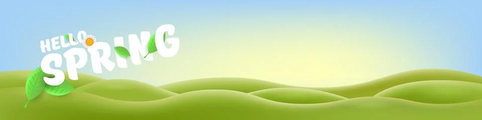 Hello Spring Green Hills Vector Lush Landscape with Cheerful Typography, Bright Stock Illustration