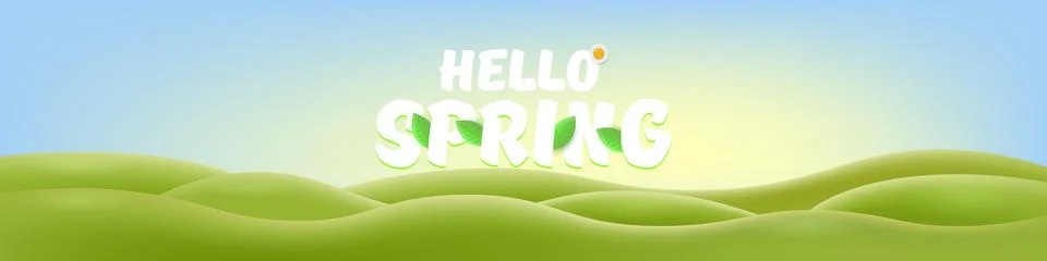 Hello Spring Green Hills Vector Lush Landscape with Cheerful Typography, Bright Stock Illustration