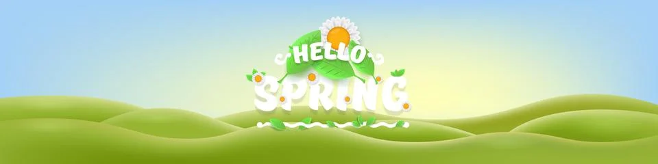 Hello Spring Green Hills Vector Lush Landscape with Cheerful Typography, Bright Stock Illustration
