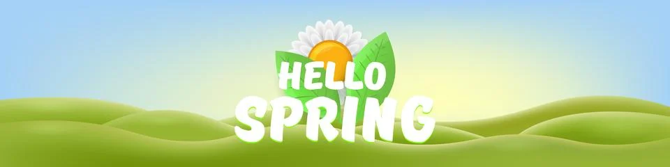 Hello Spring Green Hills Vector Lush Landscape with Cheerful Typography, Bright Stock Illustration