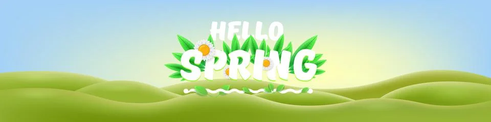 Hello Spring Green Hills Vector Lush Landscape with Cheerful Typography, Bright Stock Illustration