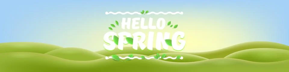 Hello Spring Green Hills Vector Lush Landscape with Cheerful Typography, Bright Stock Illustration