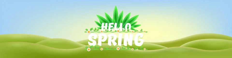 Hello Spring Green Hills Vector Lush Landscape with Cheerful Typography, Bright Stock Illustration