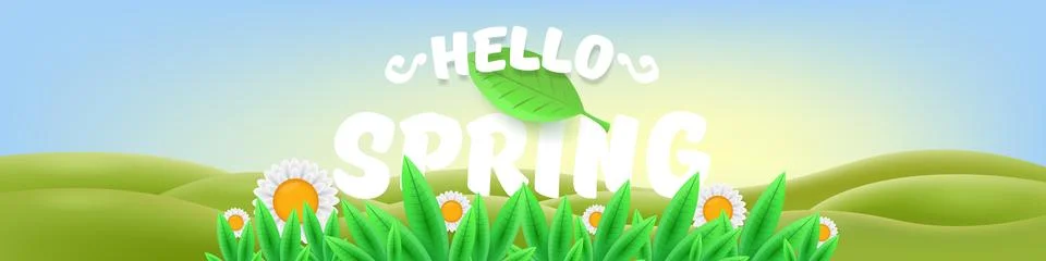 Hello Spring Green Hills Vector Lush Landscape with Cheerful Typography, Bright Stock Illustration