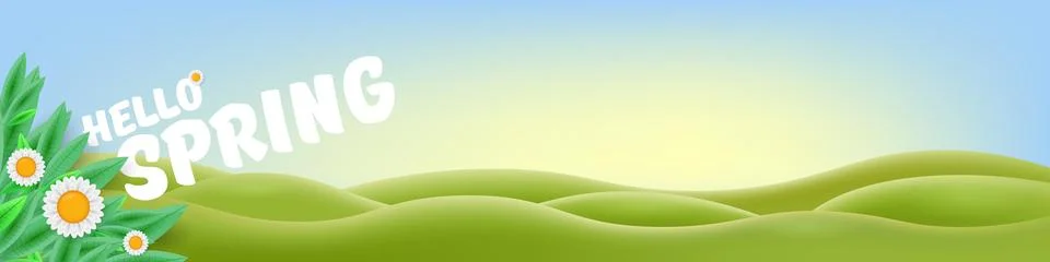 Hello Spring Green Hills Vector Lush Landscape with Cheerful Typography, Bright Stock Illustration