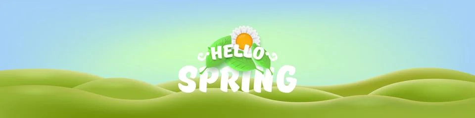 Hello Spring Green Hills Vector Lush Landscape with Cheerful Typography, Bright Stock Illustration