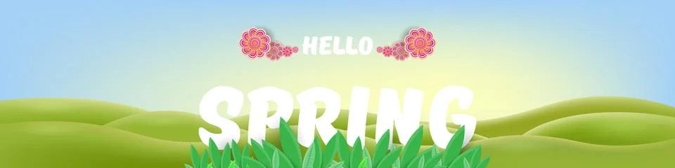 Hello Spring Green Hills Vector Lush Landscape with Cheerful Typography, Bright Stock Illustration
