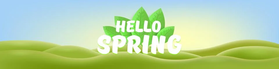 Hello Spring Green Hills Vector Lush Landscape with Cheerful Typography, Bright Stock Illustration