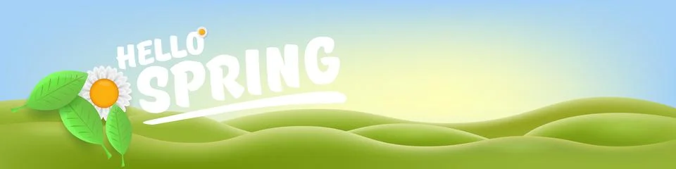 Hello Spring Green Hills Vector Lush Landscape with Cheerful Typography, Bright Stock Illustration