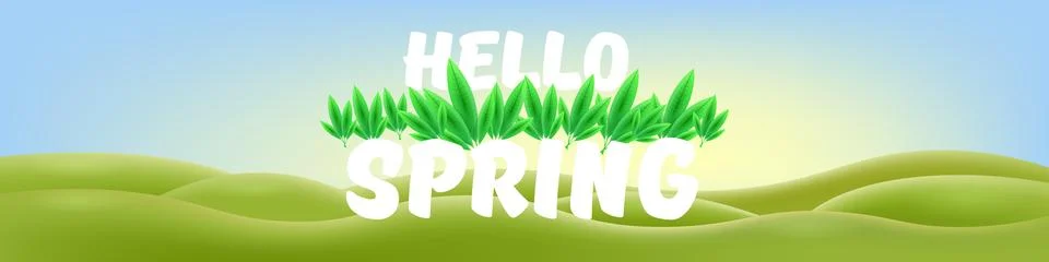 Hello Spring Green Hills Vector Lush Landscape with Cheerful Typography, Bright Stock Illustration