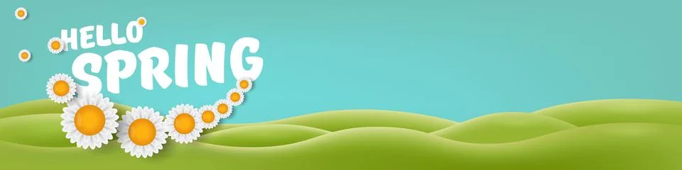 Hello Spring Green Hills Vector Lush Landscape with Cheerful Typography, Bright Stock Illustration