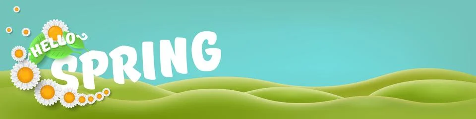 Hello Spring Green Hills Vector Lush Landscape with Cheerful Typography, Bright Stock Illustration