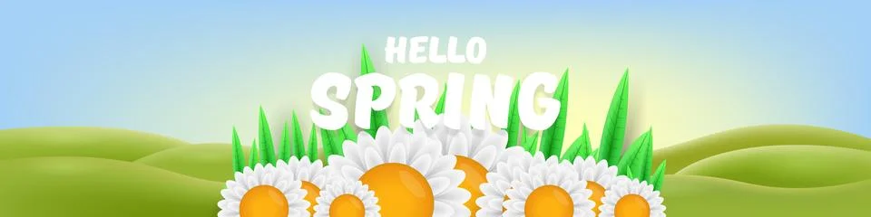 Hello Spring Green Hills Vector Lush Landscape with Cheerful Typography, Bright Stock Illustration
