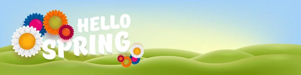 Hello Spring Green Hills Vector Lush Landscape with Cheerful Typography, Bright Stock Illustration