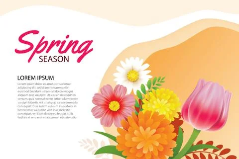 Hello spring greeting card and invitation with blooming flowers background te Stock Illustration